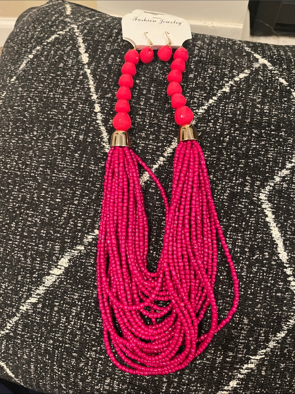 Fashion Jewelry Vibrant Hot Pink Multi-Strand Beaded Tassel Necklace